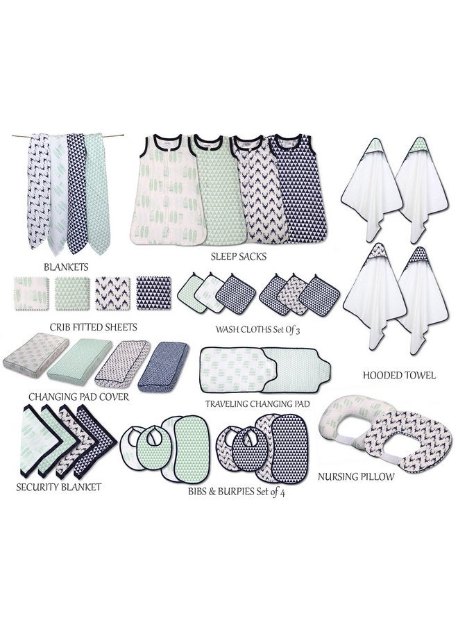 باكاتي Bacati - مناشف بغطاء رأس/مناشف غسيل من قماش قطني قبلي/أزتيكي (مجموعة من 3 قطع) (مجموعة من 3 قطع مناشف غسيل، ريش/مثلثات، أخضر فاتح/أزرق داكن) - Image 2