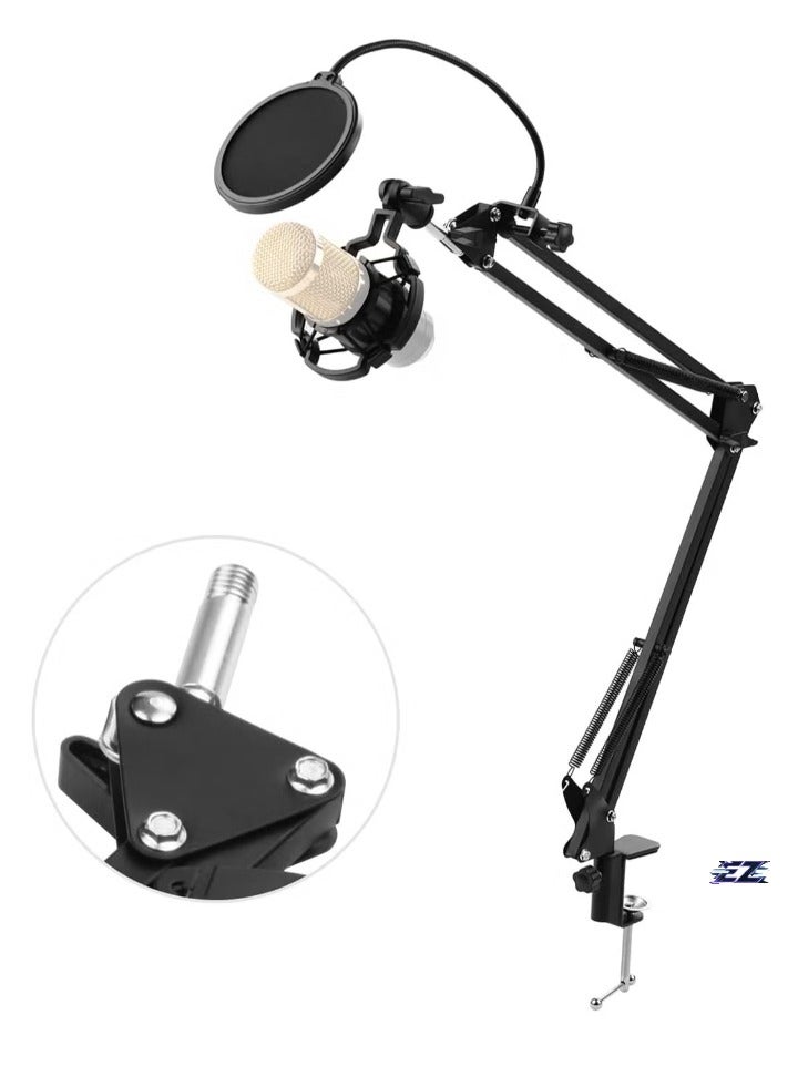 ELTRAZONE Adjustable Foldable Microphone Stand – Heavy Duty Metal Mic Arm Bracket with Shock Proof Holder, Windshield, and Pop Filter for Studio Recording, Live Video Broadcasting, and Online Singing  - Image 1
