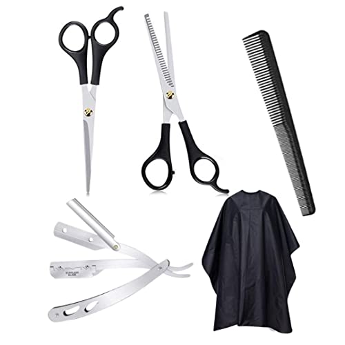 GutarGoo® 5 Pcs Professional Hair Cutting Scissors Set; Thinning/Trimming Shears, Sharp Barber Styling Scissors,Salon Barber Folding Shaving Razor for Men,Grooming comb, Hair cutting cape/apron - Image 1
