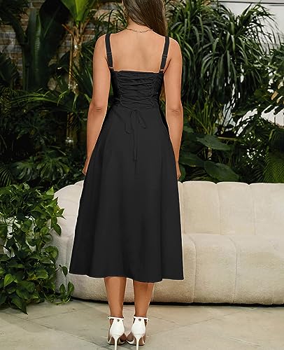 GLNEGE Wedding Guest Dresses for Women Midi Corset Lace Up A Line Dress Solid Flowy Slit Going Out Sundress for Tea Party - Image 3