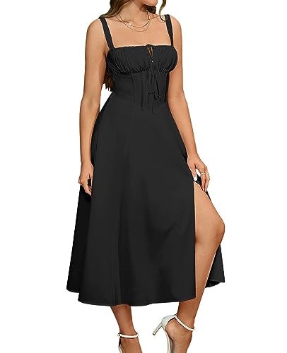 GLNEGE Wedding Guest Dresses for Women Midi Corset Lace Up A Line Dress Solid Flowy Slit Going Out Sundress for Tea Party - Image 1