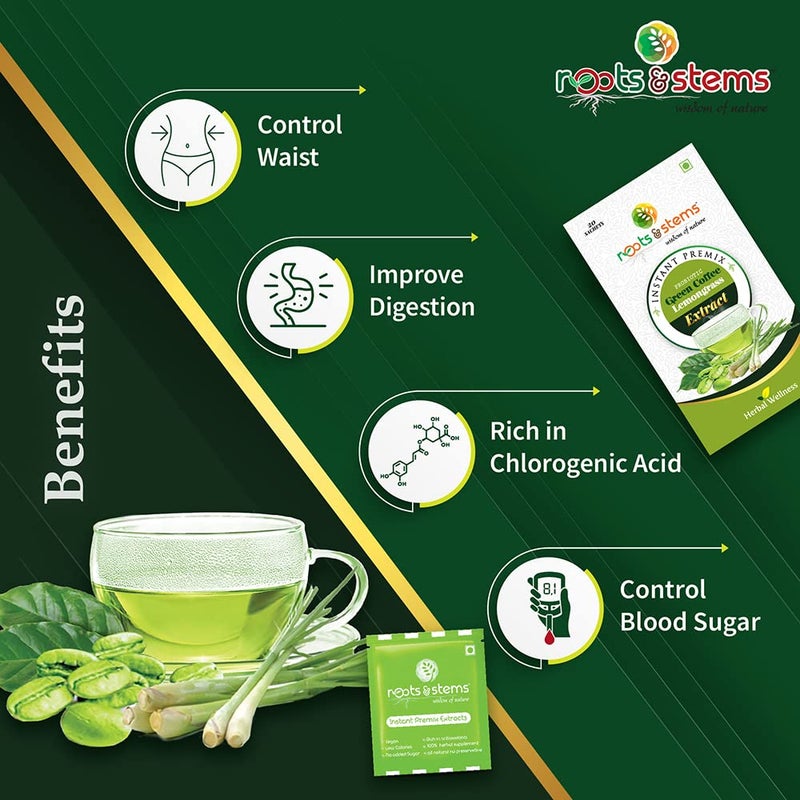 roots & stems Green Coffee Lemongrass | Instant Premix Extract Powder with Probiotic | Arabica, Flavoured Coffee |200g (5gx20 Sachets) Pack of 2 - Image 4
