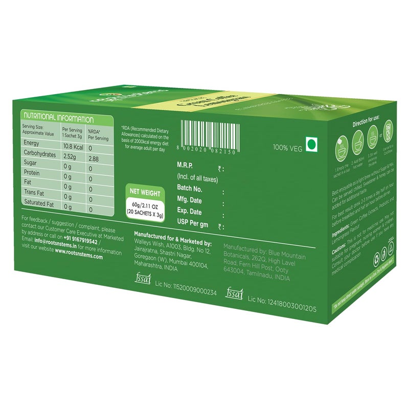 roots & stems Green Coffee Lemongrass | Instant Premix Extract Powder with Probiotic | Arabica, Flavoured Coffee |200g (5gx20 Sachets) Pack of 2 - Image 2