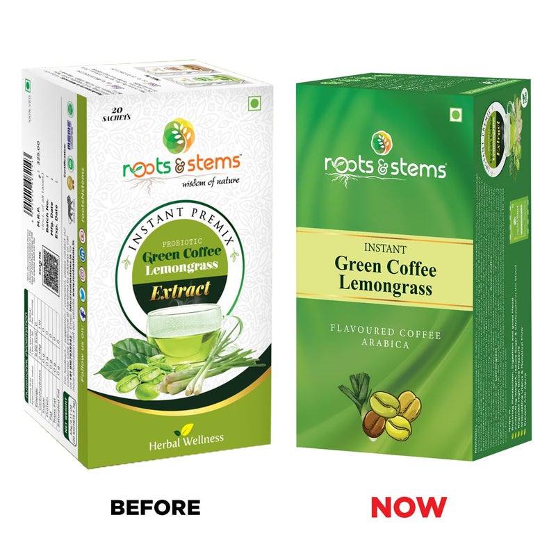 roots & stems Green Coffee Lemongrass | Instant Premix Extract Powder with Probiotic | Arabica, Flavoured Coffee |200g (5gx20 Sachets) Pack of 2 - Image 3