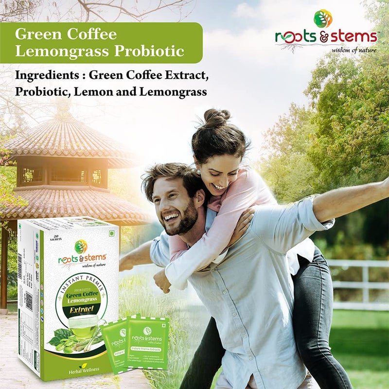 roots & stems Green Coffee Lemongrass | Instant Premix Extract Powder with Probiotic | Arabica, Flavoured Coffee |200g (5gx20 Sachets) Pack of 2 - Image 5