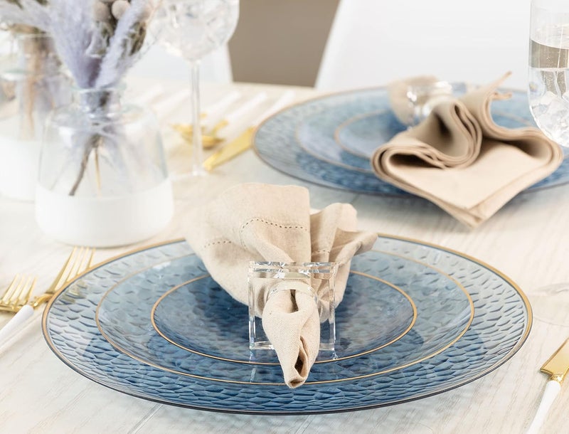PLASTICPRO 30 Pack Hammered Plastic Plates Heavyweight Disposable Plastic Plates Elegant Clear Hammered Rim Platsic Party Dishes (Hammered Blue With Gold Rim, 10'' INCH PLATES) - Image 5