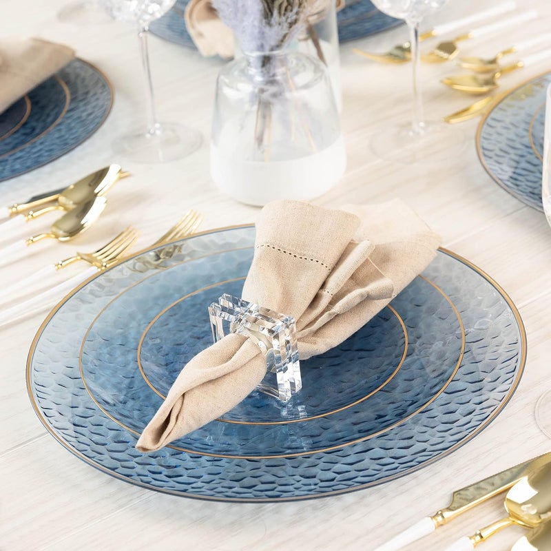 PLASTICPRO 30 Pack Hammered Plastic Plates Heavyweight Disposable Plastic Plates Elegant Clear Hammered Rim Platsic Party Dishes (Hammered Blue With Gold Rim, 10'' INCH PLATES) - Image 3