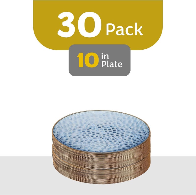 PLASTICPRO 30 Pack Hammered Plastic Plates Heavyweight Disposable Plastic Plates Elegant Clear Hammered Rim Platsic Party Dishes (Hammered Blue With Gold Rim, 10'' INCH PLATES) - Image 4
