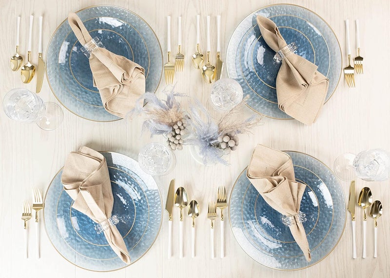 PLASTICPRO 30 Pack Hammered Plastic Plates Heavyweight Disposable Plastic Plates Elegant Clear Hammered Rim Platsic Party Dishes (Hammered Blue With Gold Rim, 10'' INCH PLATES) - Image 2