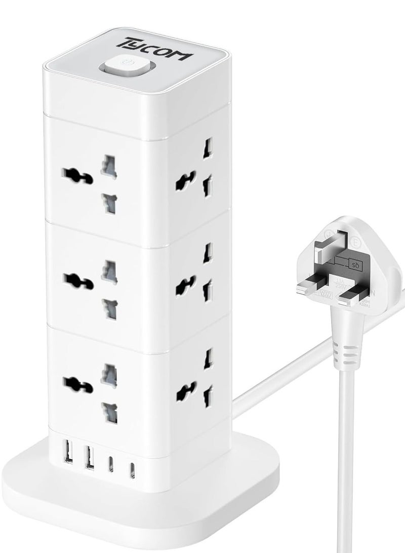 TYCOM Power Cord Strip Surge Protector With Usb + Type C, Extension Cord Plug With 12 Ac Outlet and 2 Usb 2 Type C, Small Desktop Station, Compact Socket - 3 Tiers Grey and White. - Image 1