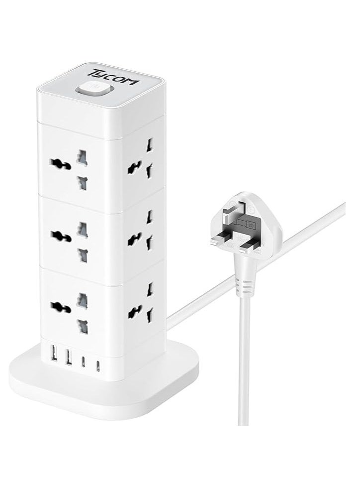 TYCOM Power Cord Strip Surge Protector With Usb + Type C, Extension Cord Flat Plug With 12 Ac Outlet and 2 Usb 1 Type C, Small Desktop Station, Compact Socket - 3 Tiers Grey and White.  - Image 1