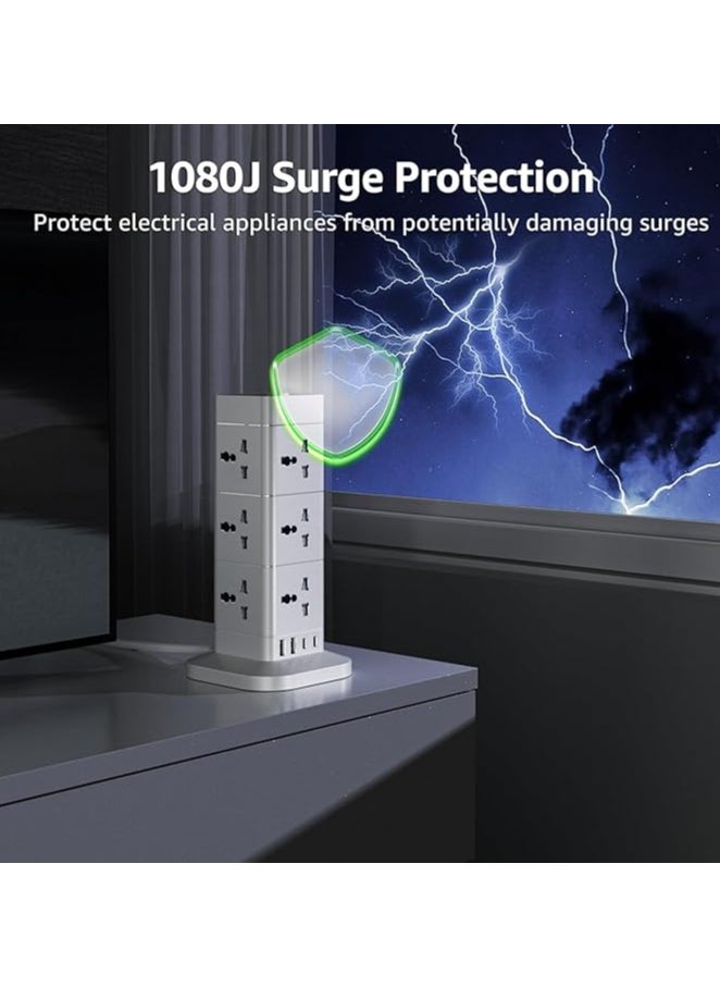 TYCOM Power Cord Strip Surge Protector With Usb + Type C, Extension Cord Flat Plug With 12 Ac Outlet and 2 Usb 1 Type C, Small Desktop Station, Compact Socket - 3 Tiers Grey and White.  - Image 5