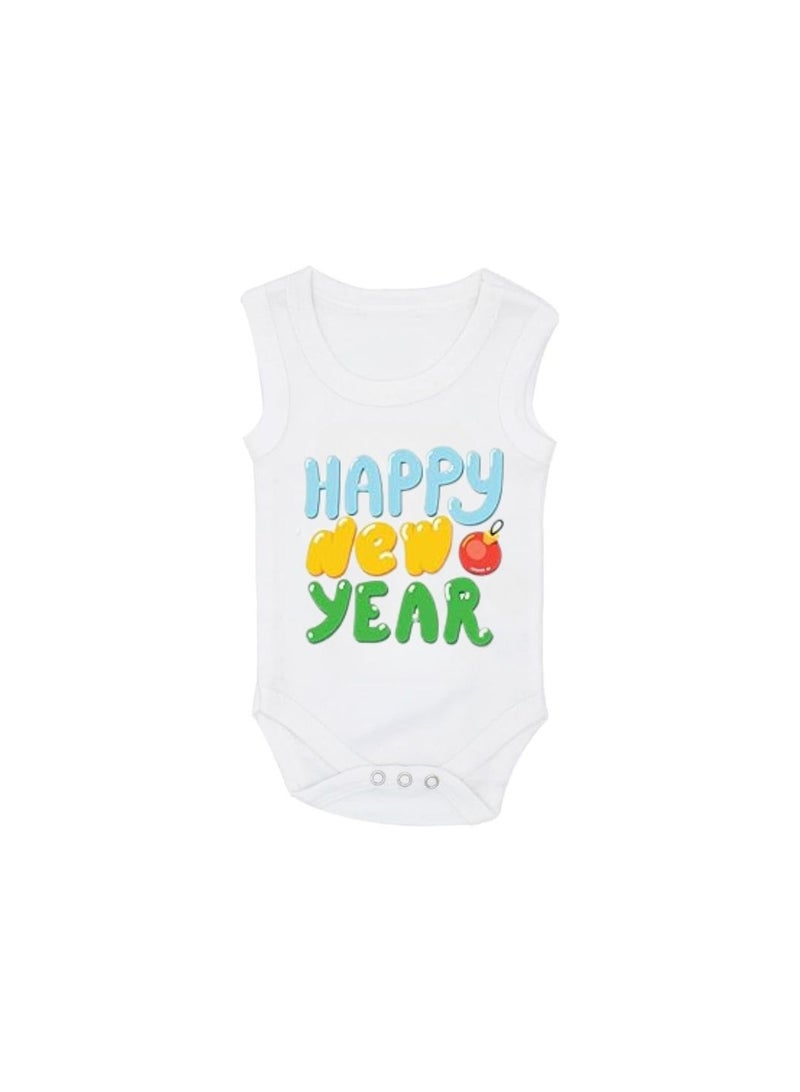 برينت شوب فور مي بدلة أطفال Happy New Year بأكمام أقل من القطن الناعم للجنسين للعام الجديد - هدية لحديثي الولادة والأطفال الصغار - ملابس رأس السنة الجديدة للطفل  - Image 1
