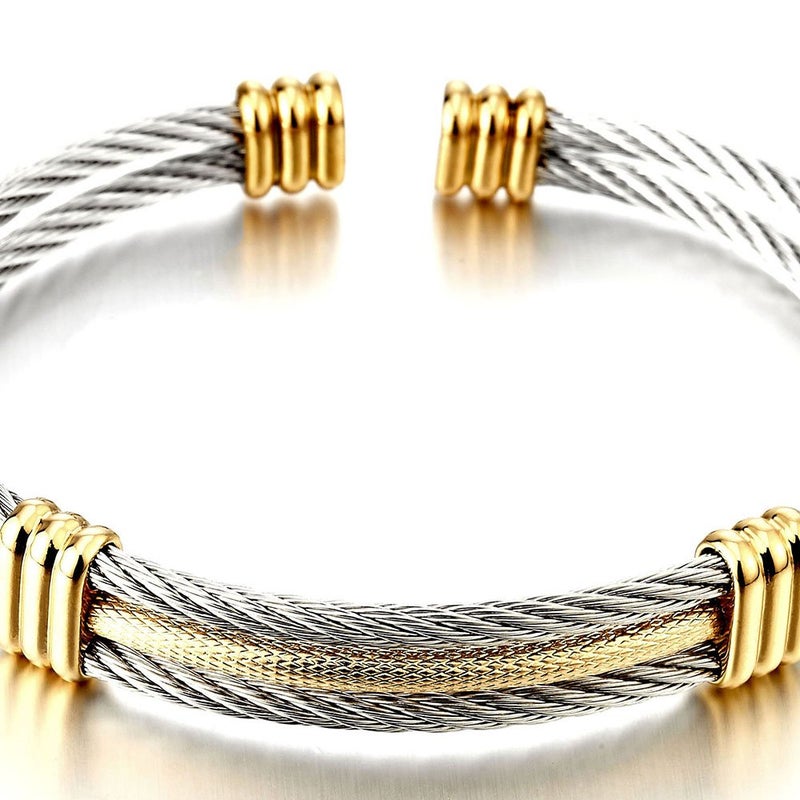 COOLSTEELANDBEYOND Men Women Stainless Steel Twisted Cable Adjustable Cuff Bangle Bracelet Gold Silver Two-tone - Image 3