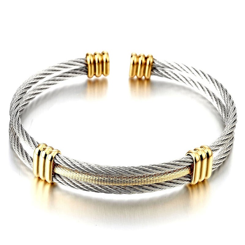 COOLSTEELANDBEYOND Men Women Stainless Steel Twisted Cable Adjustable Cuff Bangle Bracelet Gold Silver Two-tone - Image 1