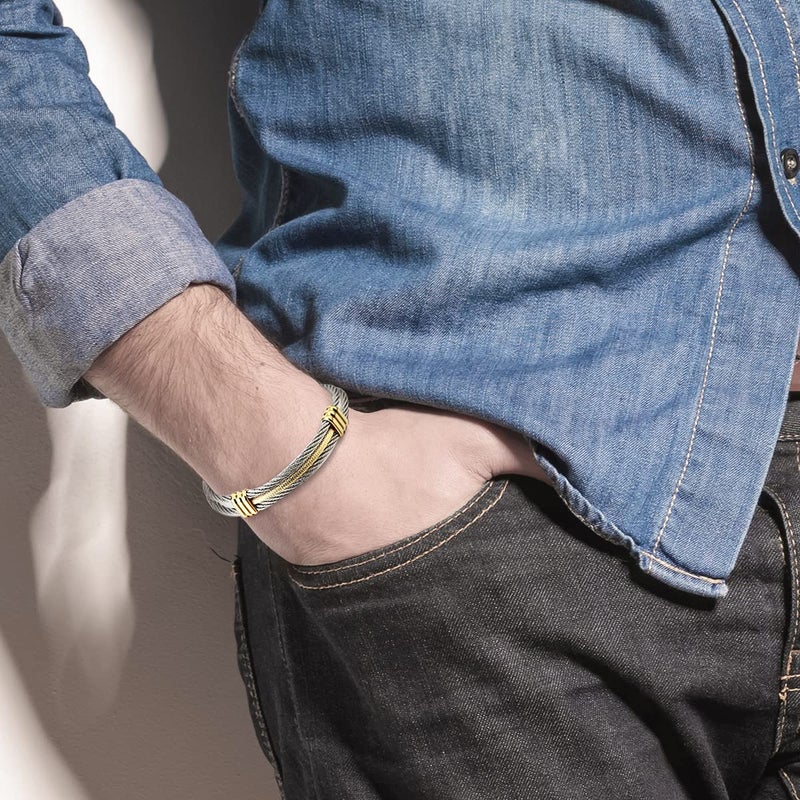 COOLSTEELANDBEYOND Men Women Stainless Steel Twisted Cable Adjustable Cuff Bangle Bracelet Gold Silver Two-tone - Image 2