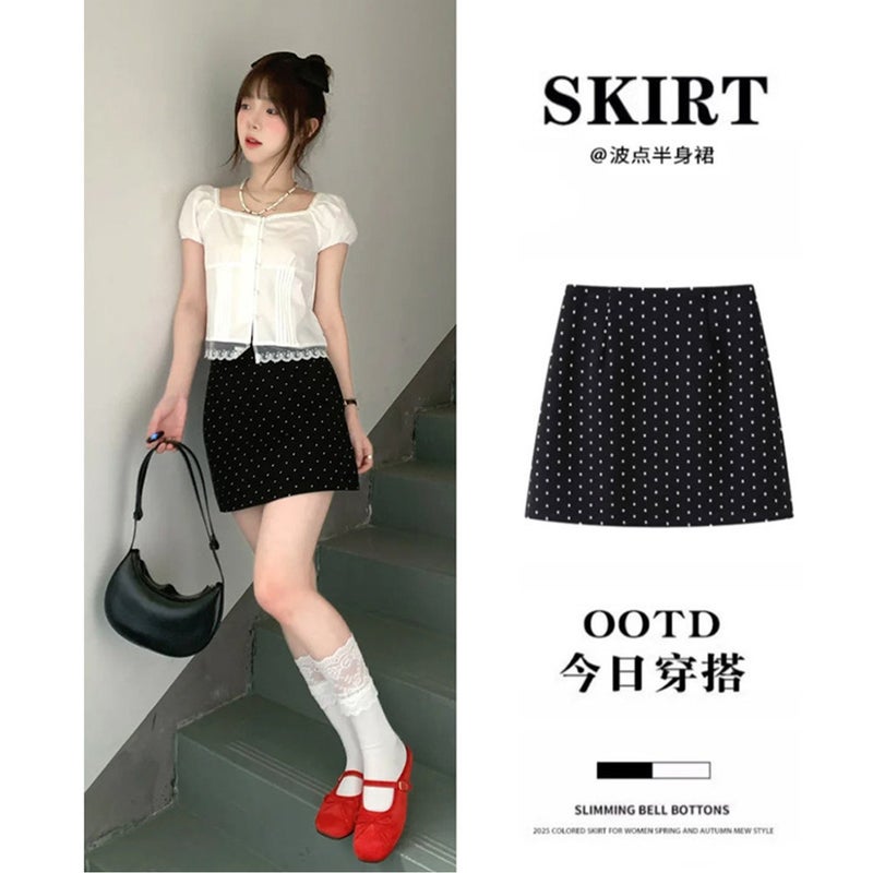 Beige and White Polka Dot A-Line Skirt for Early Spring, Women''s Hip-Hugging Short Skirt Made of High-Density Chiffon with Pleats - Image 1