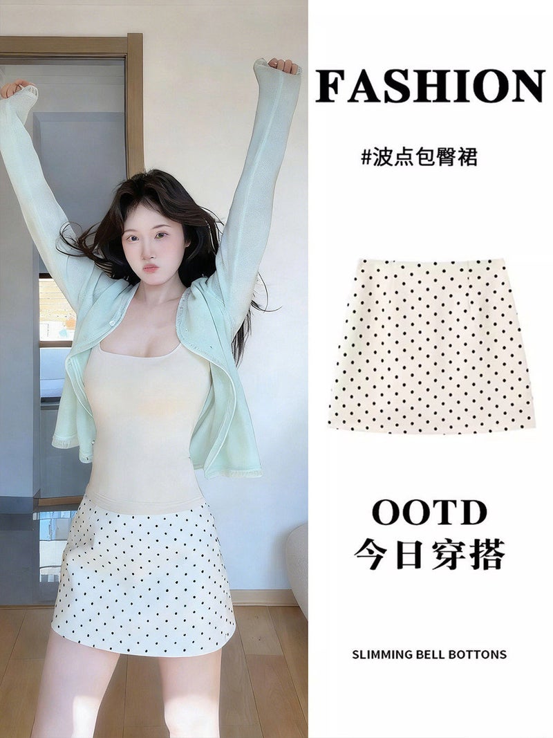 Beige and White Polka Dot A-Line Skirt for Early Spring, Women''s Hip-Hugging Short Skirt Made of High-Density Chiffon with Pleats - Image 2