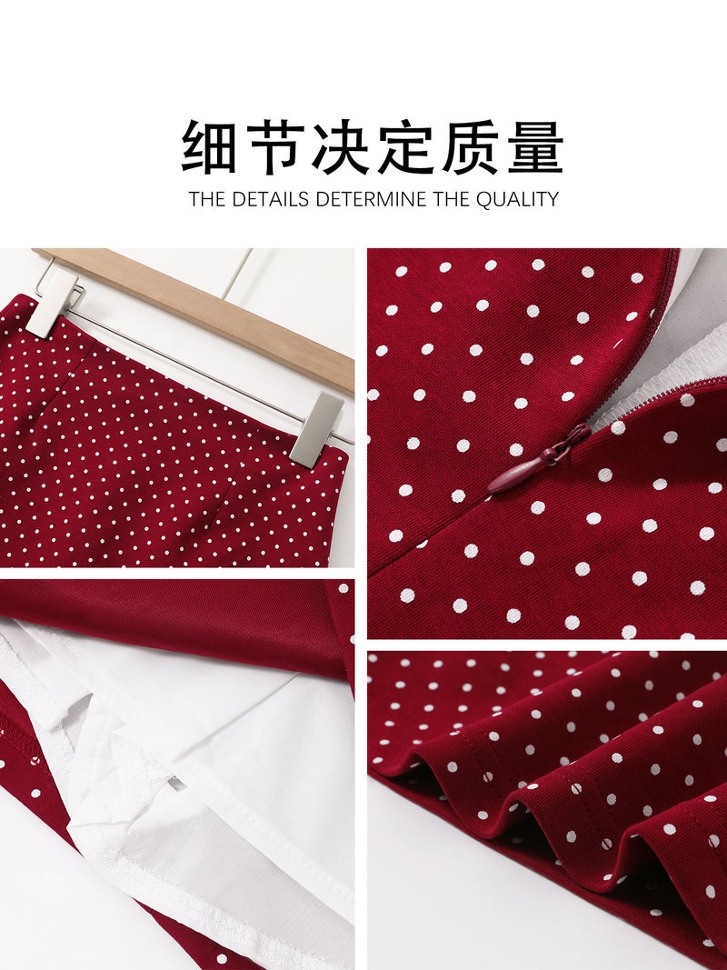 Beige and White Polka Dot A-Line Skirt for Early Spring, Women''s Hip-Hugging Short Skirt Made of High-Density Chiffon with Pleats - Image 4