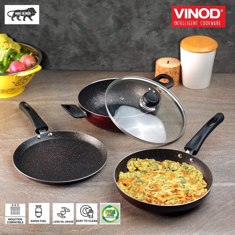 VINOD Vinod Supreme Plus Non Stick Cookware Set of 3 | Frypan, Kadai with lid, and Dosa Tawa | 5-Ply Aluminum Layer (3mm Thick) | Gas and Induction Base | 2 Year Warranty - Image 2