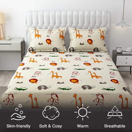 FRESH FROM LOOM Glace Cotton Wrinkle Free Soft Hypoallergenic Bed Sheet with 2 Pillow Cover,Cartoon Printed,Double Bed King Size Bedsheet for Kids Room Boys Girls(90x95 Inches/Cream/Animal),144 TC - Image 5