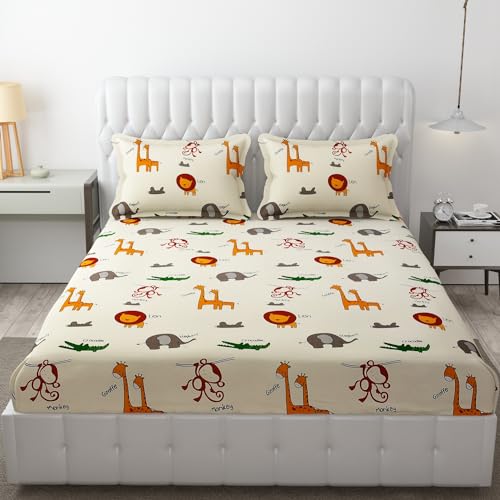 FRESH FROM LOOM Glace Cotton Wrinkle Free Soft Hypoallergenic Bed Sheet with 2 Pillow Cover,Cartoon Printed,Double Bed King Size Bedsheet for Kids Room Boys Girls(90x95 Inches/Cream/Animal),144 TC - Image 1