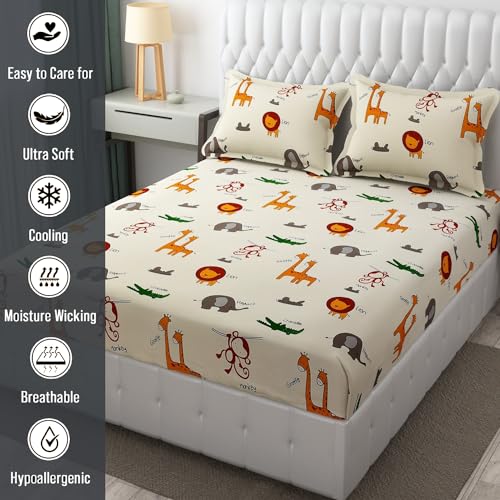 FRESH FROM LOOM Glace Cotton Wrinkle Free Soft Hypoallergenic Bed Sheet with 2 Pillow Cover,Cartoon Printed,Double Bed King Size Bedsheet for Kids Room Boys Girls(90x95 Inches/Cream/Animal),144 TC - Image 4