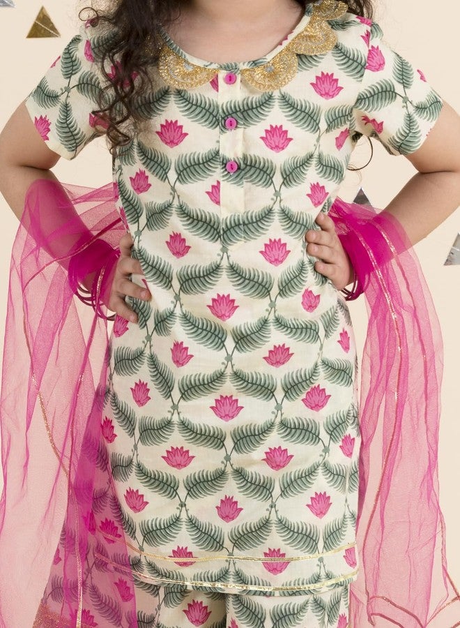 Pspeaches طقم كورتي قطني خالص بتصميم نير زهري أبيض فاتح للبنات من ماركة Pspeaches، مع تنورة وشال (أبيض - 12-14 سنة) - Image 2