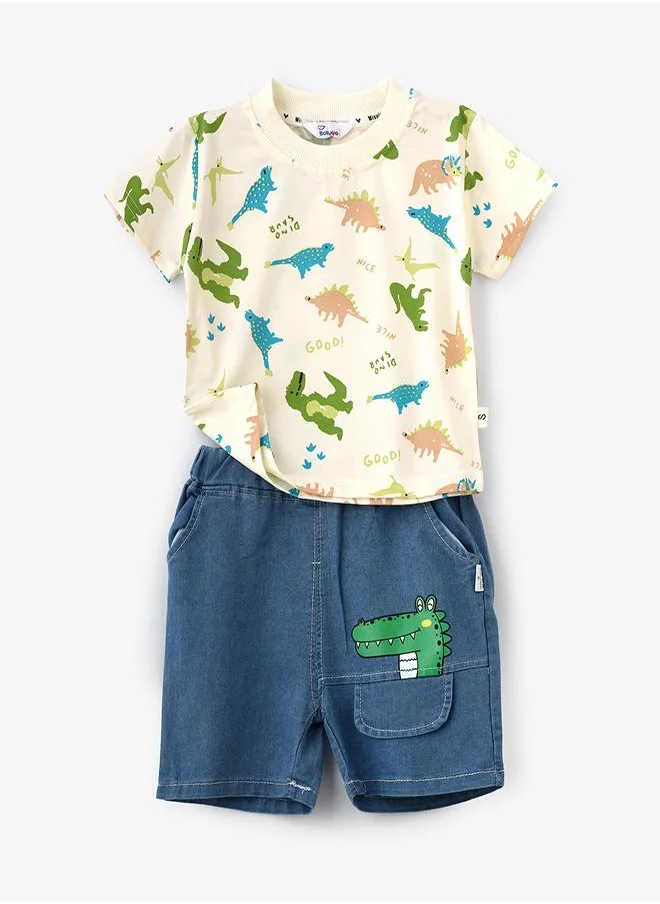 babyqlo White Dino Print Tee & Denim Shorts Set