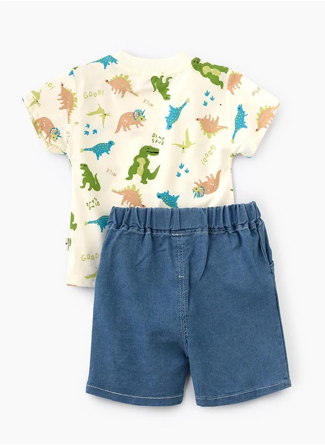 babyqlo White Dino Print Tee & Denim Shorts Set