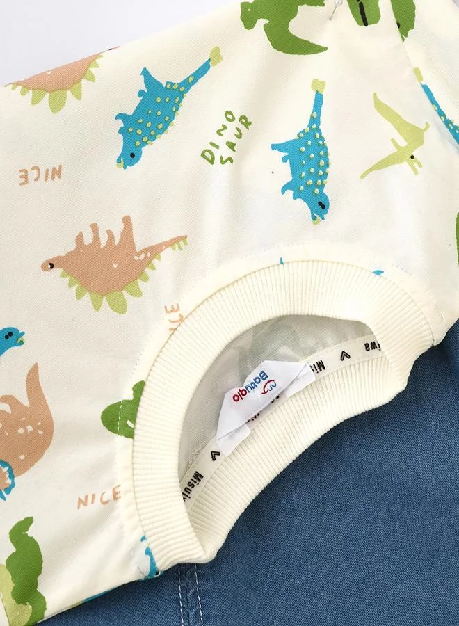 babyqlo White Dino Print Tee & Denim Shorts Set