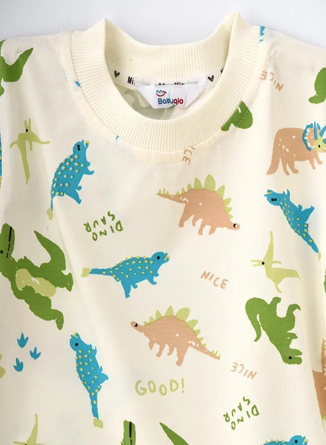babyqlo White Dino Print Tee & Denim Shorts Set