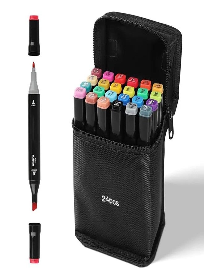 VENIQE 24 Pcs Art Marker Pen Set Dual Tips Blender Drawing Permanent Sketch Kids Adult Coloring Based Markers Artist Supplies For Coloring Pens Projects Marker Tip Sketching Paint With Carry Case,Multicolour - Image 1