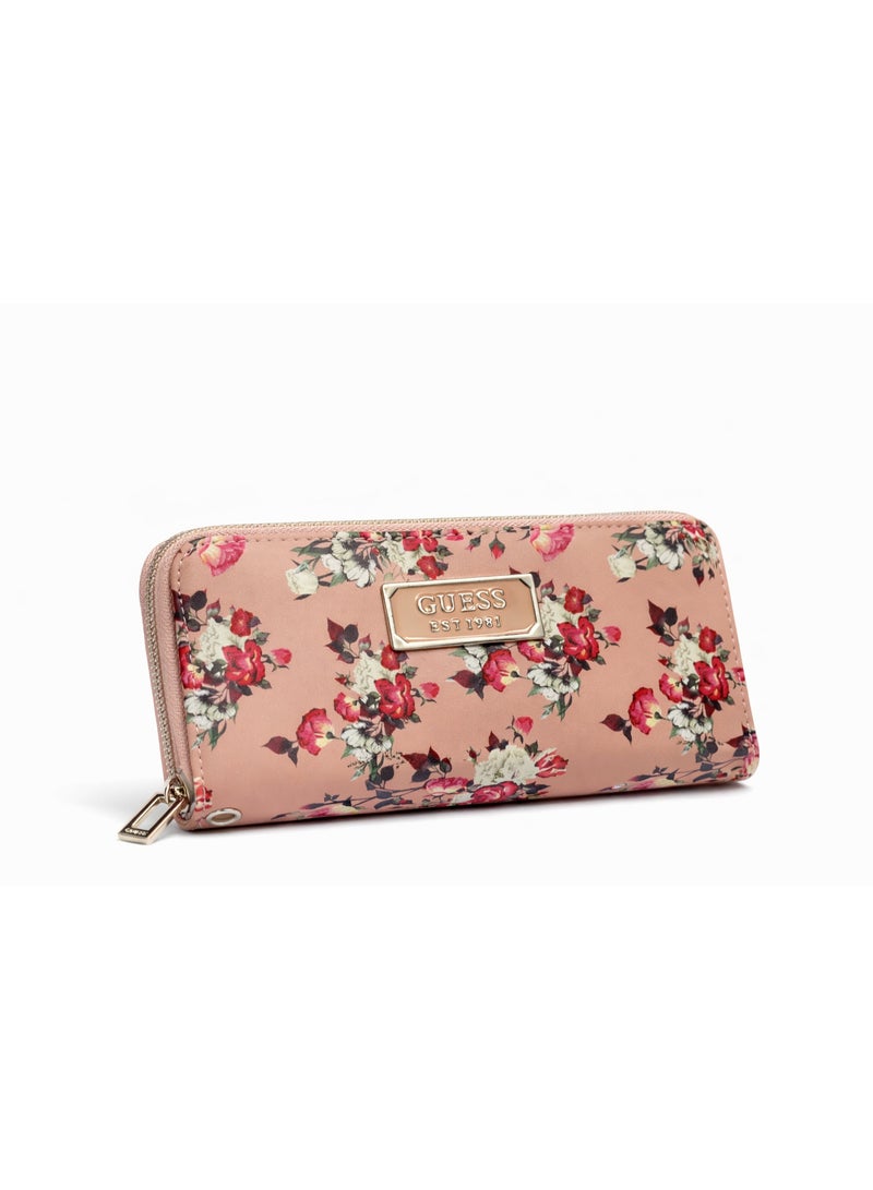 GUESS Floral Print Zip-Around Wallet with Metal Logo Plate – Peach