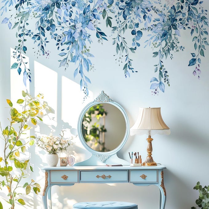 BLUE PLANTS LEAVES WALL DECALS PEEL AND STICK LARGE FLORAL FLOWERS VINYL WALL STICKERS REMOVABLE VINE HOME DECOR ART FOR BEDROOM LIVING ROOM CLASSROOM OFFICE
