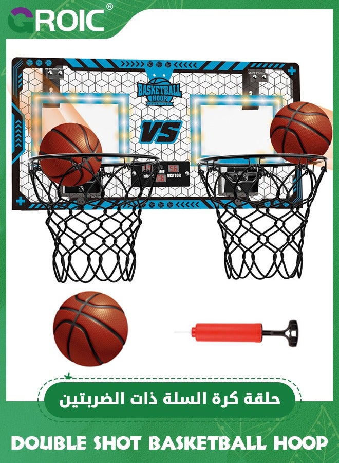 جرويك Double Shot Basketball Hoop - 2 Player Basketball Game Indoor Outdoor, Over The Door with LED Light, Electronic Scoreboard, 2 Balls - Wall Mount Toy Mini Basketball Hoops for Bedroom for Kids (Blue) - Image 1