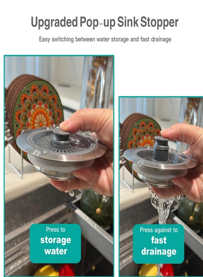 YKWL Kitchen Sink Drain Strainer 3 in 1, 304 Stainless Steel Pop Up Sink Stopper, Anti-Clogging Drain Plug, Drain Stopper, Kitchen Drain Filter for US Standard (Silver Brushed) - Image 3