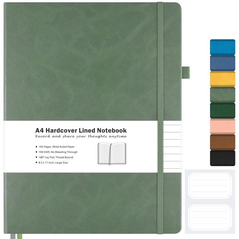 MaleDen Lined Journal Notebook, 8.5" x 11" Hardcover Leather Notebook for Work, Wide Ruled Notebook Journal for Women Men, 192 Thick Paper, Lay Flat, 2 Pockets, A4 Large Journals for Writing, Green Journal - Image 1