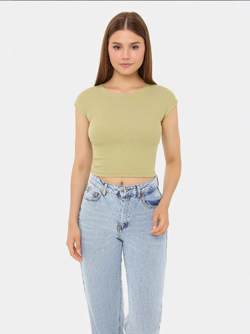 HICCUP Basic Round Neck Short Sleeve Cropped Top