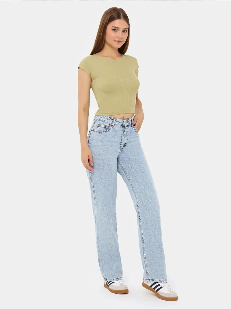 Hiccup Sage Green Basic Round Neck Short Sleeve Cropped Top for Women | Best Price UAE