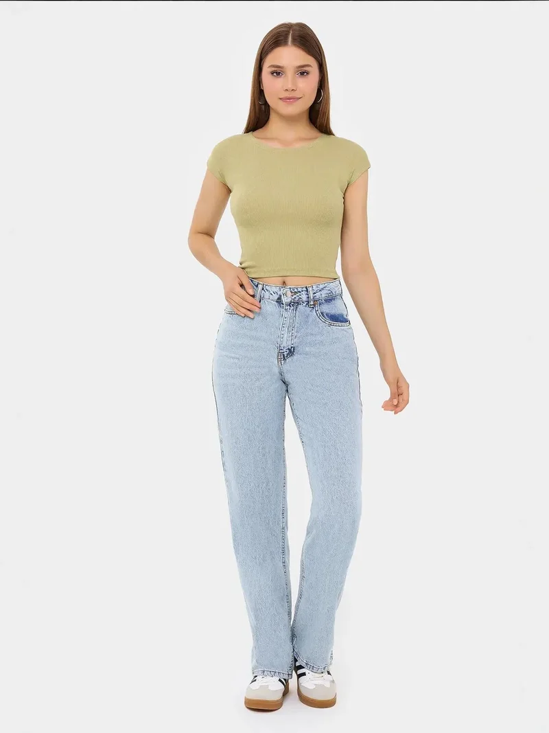 Hiccup Sage Green Basic Round Neck Short Sleeve Cropped Top for Women | Best Price UAE
