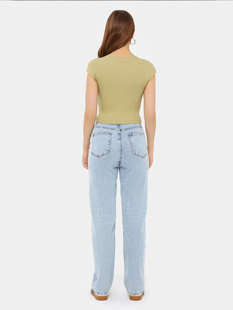 Hiccup Sage Green Basic Round Neck Short Sleeve Cropped Top for Women | Best Price UAE