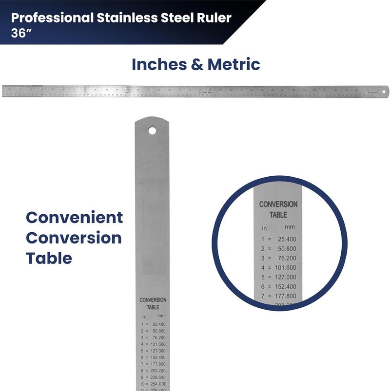 Pacific Arc 36 Inch Stainless Steel Ruler with Inch/Metric Conversion Table - Image 3