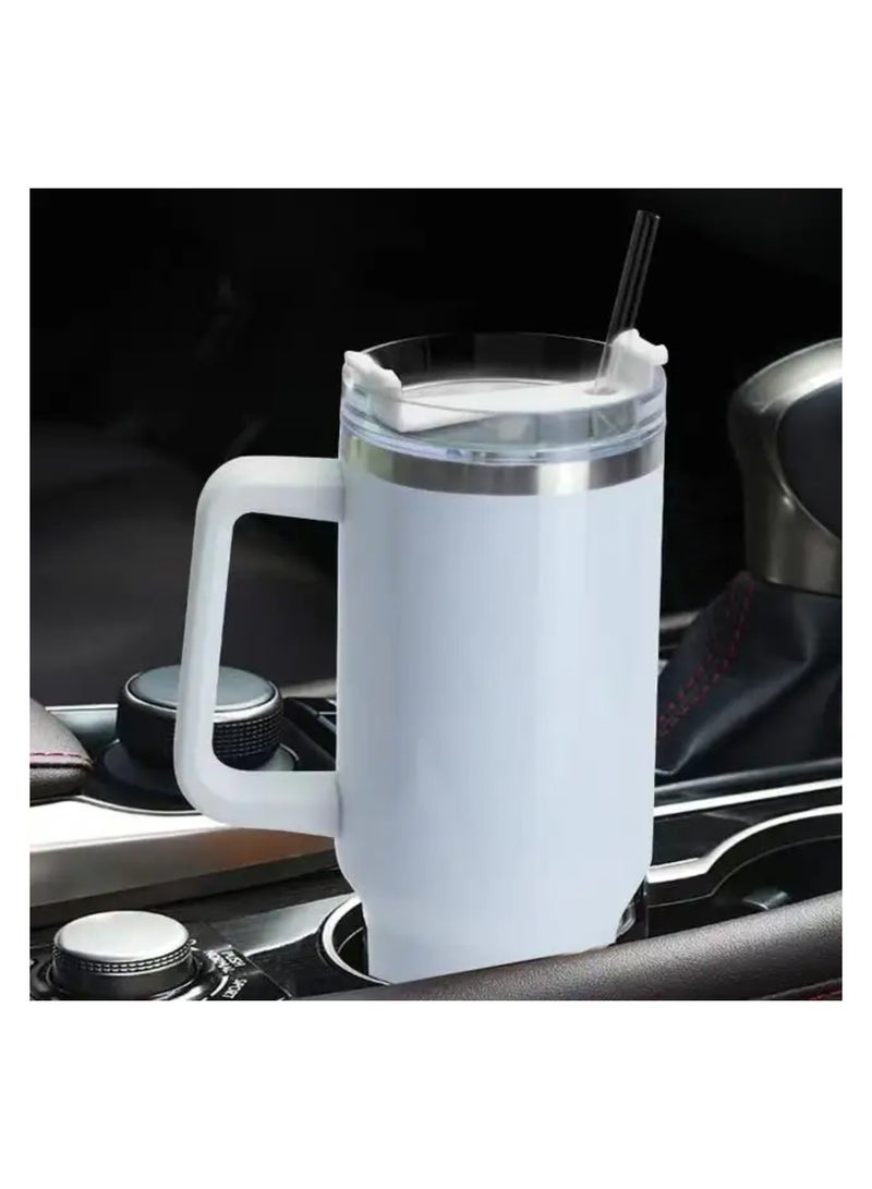 40oz Tumbler with Lid, Straw and Handle, Stainless Steel Vacuum Insulated Water Bottle Travel Mug for Iced Coffee, Hot and Cold Tea, Beverages (White)  - Image 2