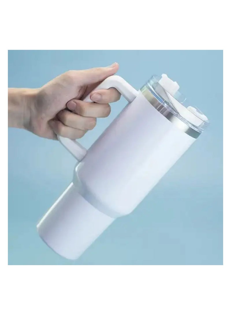 40oz Tumbler with Lid, Straw and Handle, Stainless Steel Vacuum Insulated Water Bottle Travel Mug for Iced Coffee, Hot and Cold Tea, Beverages (White)  - Image 3