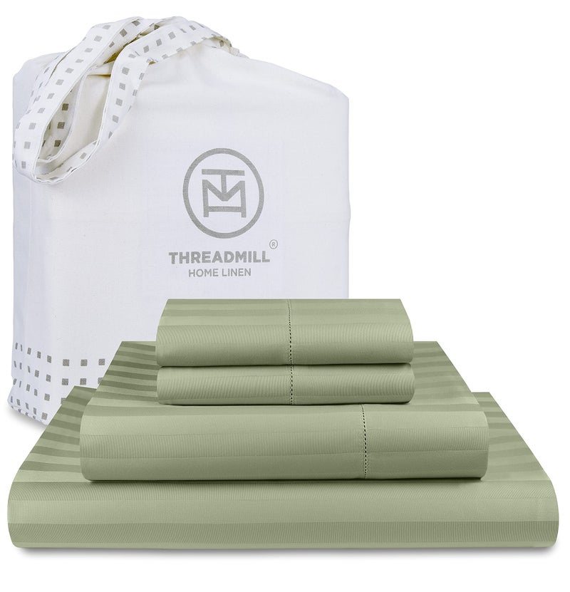 Threadmill Threadmill 500 Thread Count King Size Damask Stripe  4 Pc Luxury Cotton Bed Sheet Set  Silky Soft Sage Green Sheets with 16"" Elasticized Deep Pocket  2 Pillowcases & Free Tote Bag  - Image 1