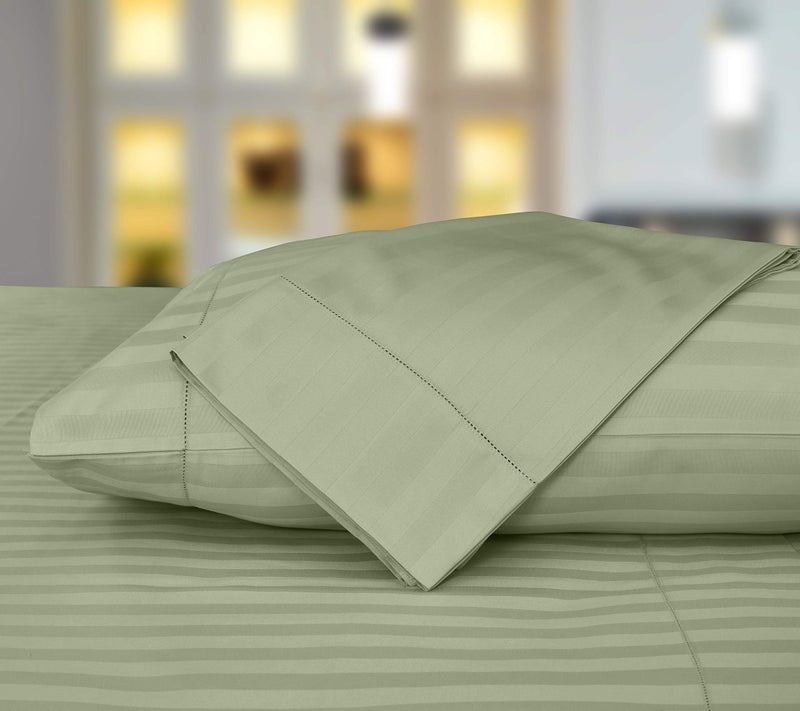 Threadmill Threadmill 500 Thread Count King Size Damask Stripe  4 Pc Luxury Cotton Bed Sheet Set  Silky Soft Sage Green Sheets with 16"" Elasticized Deep Pocket  2 Pillowcases & Free Tote Bag  - Image 3