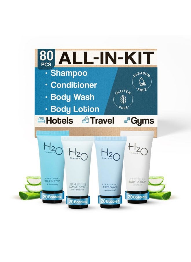 Terra Pure H2O Therapy Hotel Soaps & Toiletries Bulk Set | 1-Shoppe Amenities Kit | 0.85oz Shampoo & Conditioner, Body Wash, Lotion | Travel Size | 80 Pieces  - Image 1