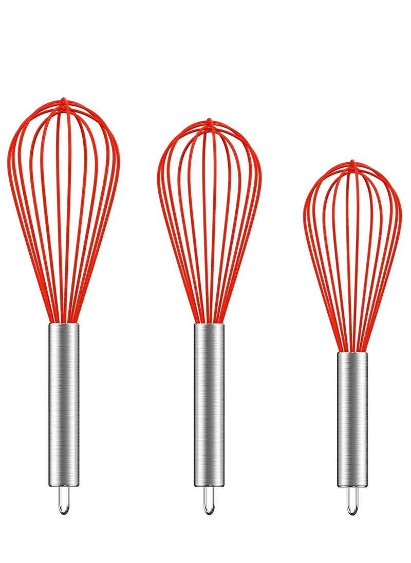 Silicone Whisk Set 8"+10"+12", (Upgraded) Wire Kitchen Whisks for Cooking, Blending, Whisking, Beating, Stirring, Red