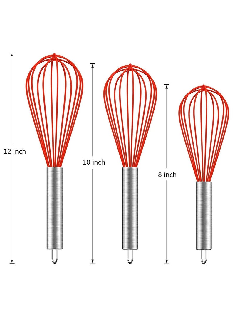 Silicone Whisk Set 8"+10"+12", (Upgraded) Wire Kitchen Whisks for Cooking, Blending, Whisking, Beating, Stirring, Red